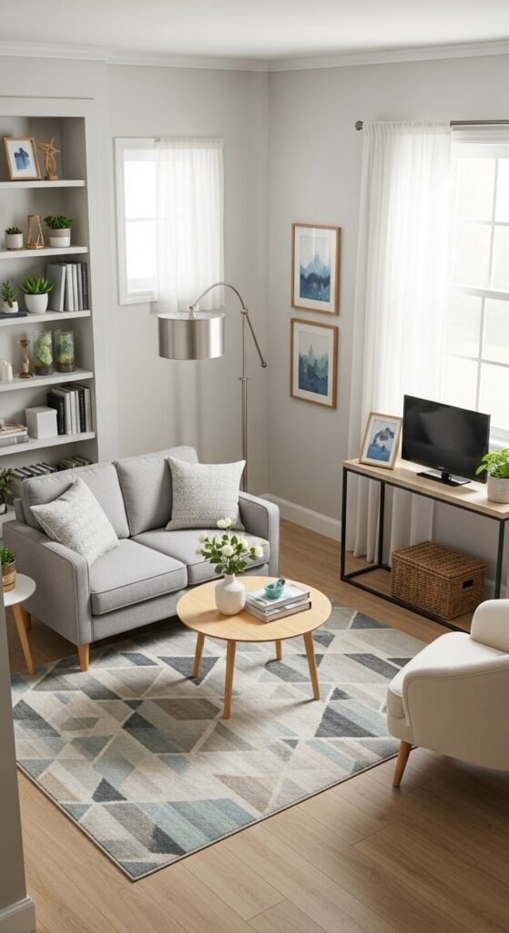 A beautifully designed and maximized small living room featuring multi-functional furniture, large mirrors, high curtains, vertical storage, and a neutral color palette, showcasing 20 small living room decor ideas to help you maximize space and create a stylish and functional home.