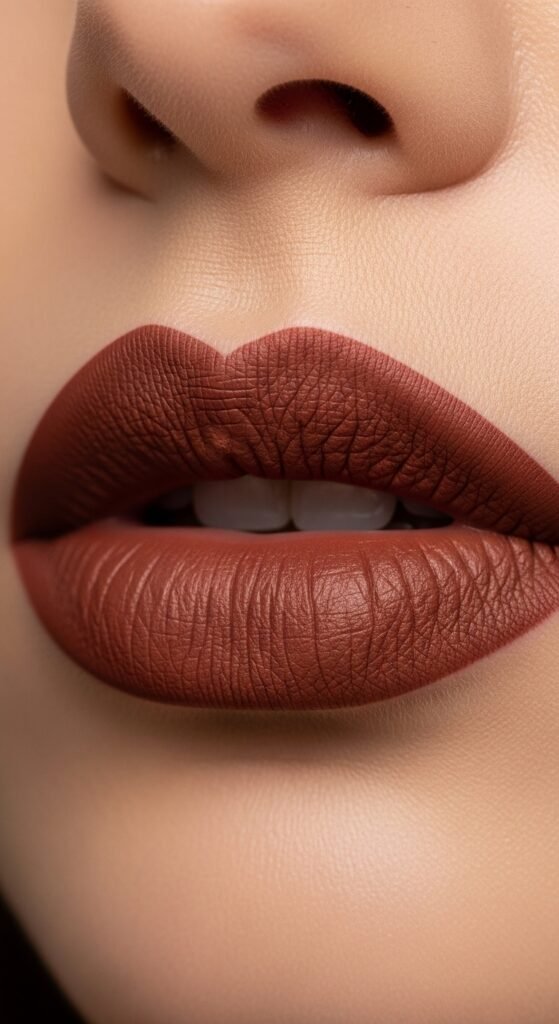 A stunning matte makeup editorial featuring a beautiful woman with a perfectly flawless velvety complexion, soft matte foundation, powdery blush, matte smokey eyes, and blurred matte lip surrounded by elegant matte beauty products, showcasing 15 matte makeup ideas for achieving a flawless and velvety complexion.