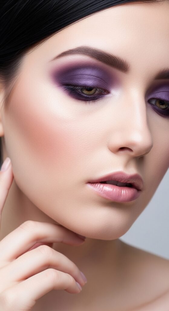 A breathtaking pale brunette makeup editorial featuring a beautiful fair-skinned brunette woman with flawless porcelain complexion, soft rosy blush, taupe smokey eyes, berry lips, and lavender highlighter surrounded by elegant makeup products, showcasing 20 pale brunette makeup ideas to help you embrace your unique beauty with confidence.