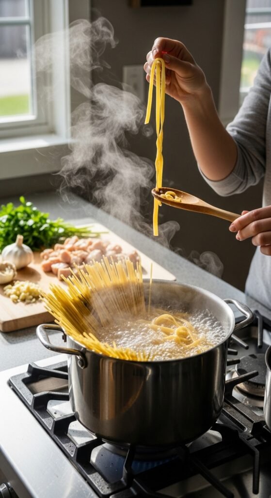A breathtaking garlic butter chicken pasta editorial featuring a stunning bowl of golden seared chicken over perfectly cooked fettuccine in a rich glossy garlic butter cream sauce topped with freshly grated parmesan and fresh parsley, showcasing the ultimate comfort food guide to making the most delicious garlic butter chicken pasta at home.