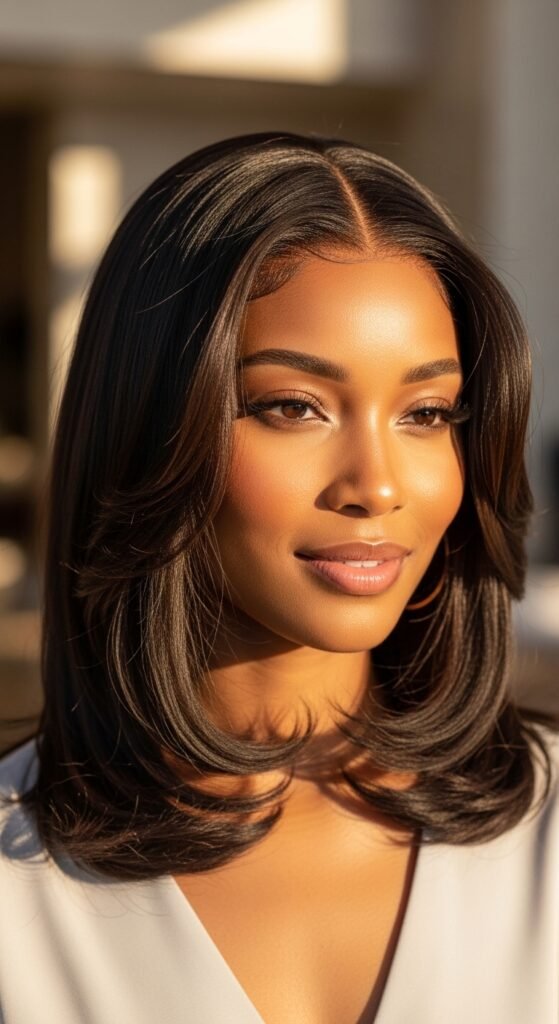 A stunning beauty editorial featuring a gorgeous woman with a flawless sleek straight quick weave hairstyle with perfect shine and movement, showcasing 20 straight quick weave hairstyles ideas for achieving instant glamour and salon-quality results at home.