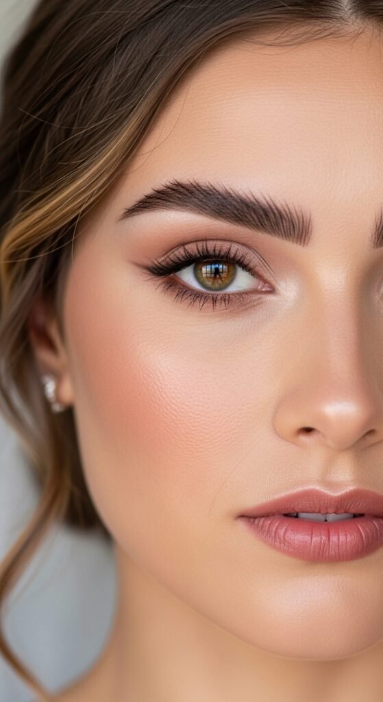 A breathtaking natural bridal makeup editorial featuring a beautiful bride with effortless glowing skin, soft dewy complexion, rosy blush, defined brows, and barely-there shimmer surrounded by elegant bridal beauty products and fresh white flowers, showcasing 16 natural bridal makeup ideas for 2026 as the ultimate guide to effortless bridal beauty.