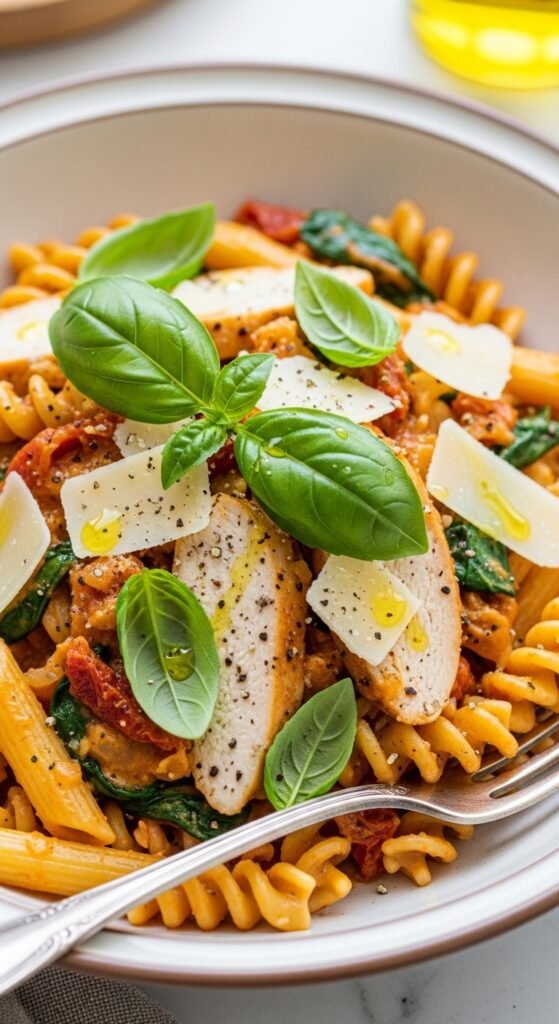 A breathtaking creamy Tuscan chicken pasta recipe editorial featuring a stunning bowl of golden pan-seared chicken over fettuccine in a rich velvety cream sauce with sun-dried tomatoes, wilted spinach, and freshly grated parmesan on a rustic Italian wooden table, showcasing the ultimate guide to making this comforting and irresistible creamy Tuscan chicken pasta recipe.