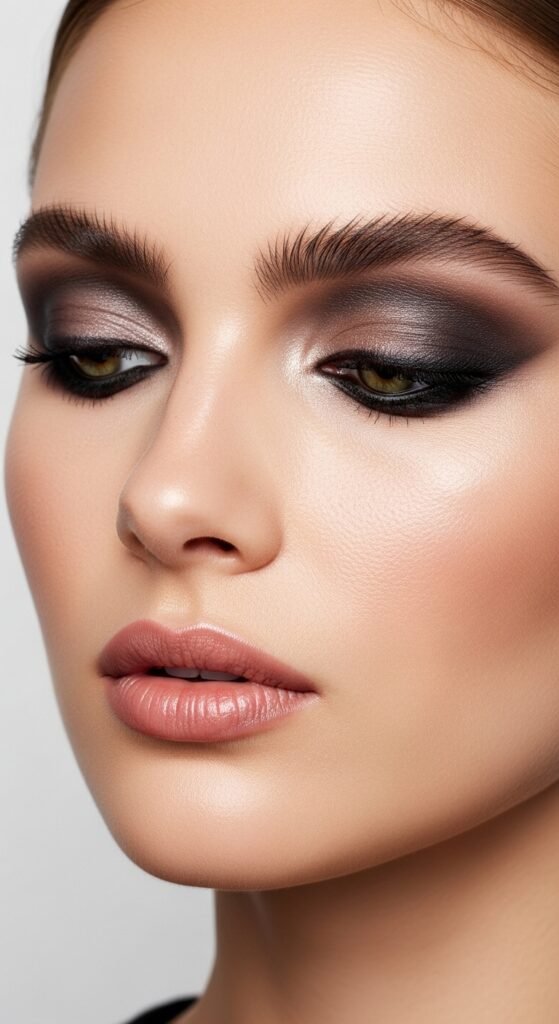 A stunning everyday makeup routine editorial featuring a beautiful woman with effortless natural beauty including glowing dewy skin, soft brows, subtle eye makeup, and flushed blush surrounded by essential makeup products on a white marble vanity, showcasing 18 everyday makeup routine ideas as the ultimate guide to achieving effortless beauty.