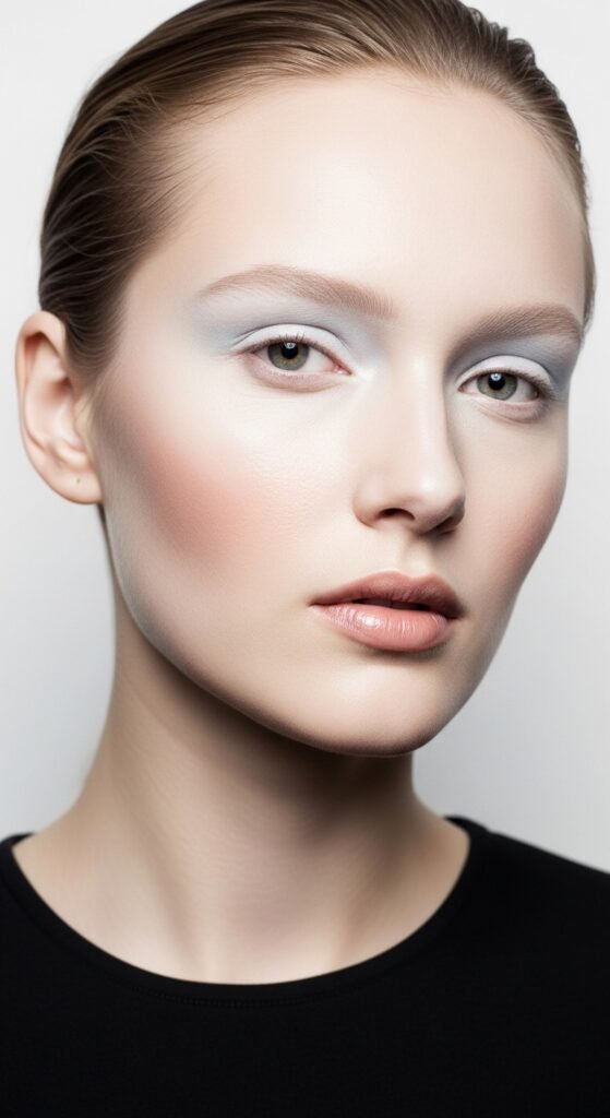 A breathtaking pale skin makeup editorial featuring a stunning fair-skinned woman with flawless porcelain complexion, soft rosy blush, ethereal highlight, subtle smokey eyes, and bold red lip surrounded by elegant makeup products on white marble, showcasing 20 pale skin makeup ideas as a complete guide to achieving flawless and radiant looks.