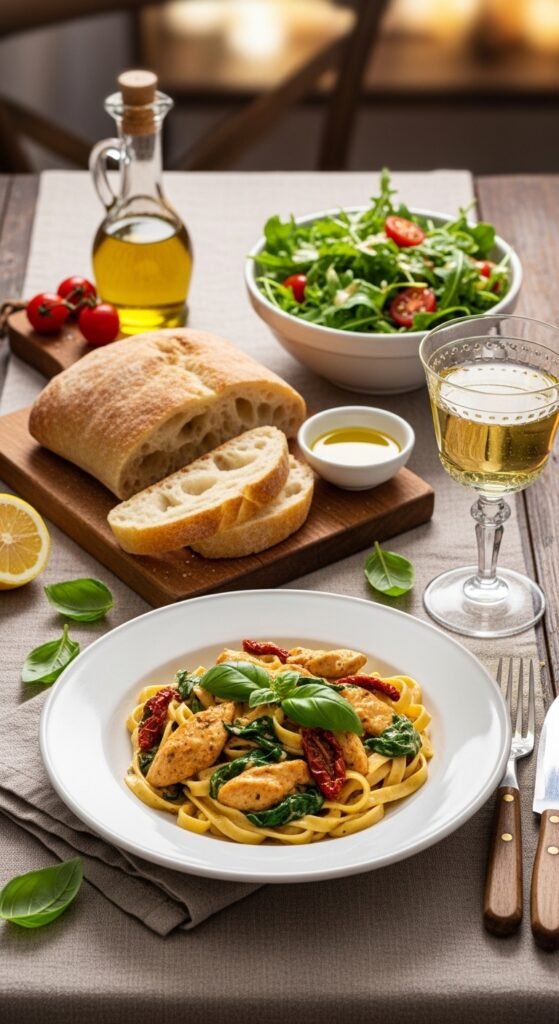 A breathtaking creamy Tuscan chicken pasta recipe editorial featuring a stunning bowl of golden pan-seared chicken over fettuccine in a rich velvety cream sauce with sun-dried tomatoes, wilted spinach, and freshly grated parmesan on a rustic Italian wooden table, showcasing the ultimate guide to making this comforting and irresistible creamy Tuscan chicken pasta recipe.