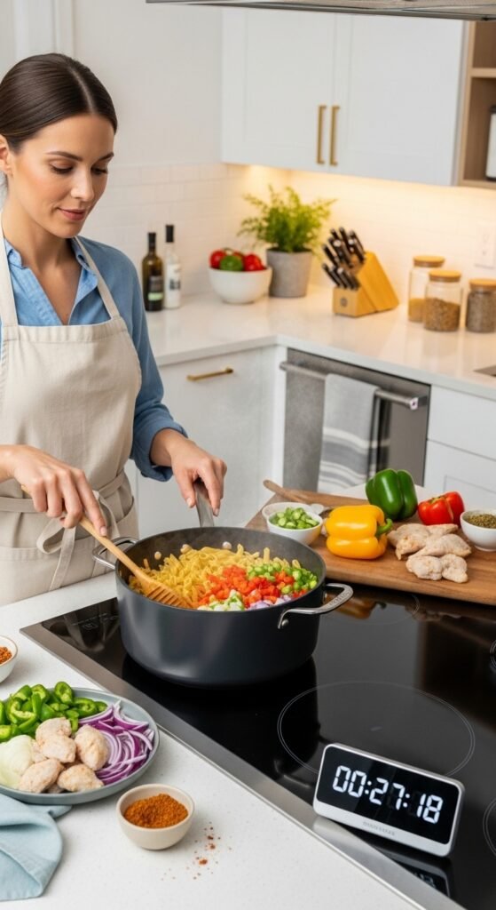 A breathtaking one pot Cajun chicken pasta recipe editorial featuring a stunning cast iron skillet overflowing with creamy spicy pasta, golden seared Cajun chicken, colorful bell peppers, melted parmesan, and fresh parsley on a rustic wooden table, showcasing the ultimate guide to making this creamy spicy and unforgettable one pot Cajun chicken pasta recipe.