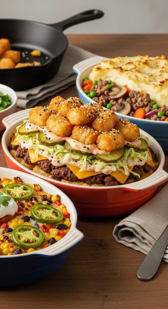 A breathtaking Big Mac tater tot casserole editorial featuring a golden bubbling casserole dish topped with crispy tater tots, melted cheddar cheese, fresh lettuce, diced tomatoes, pickles, and special sauce drizzle on a rustic wooden table, showcasing the ultimate guide to this irresistible comfort food mashup made in heaven.
