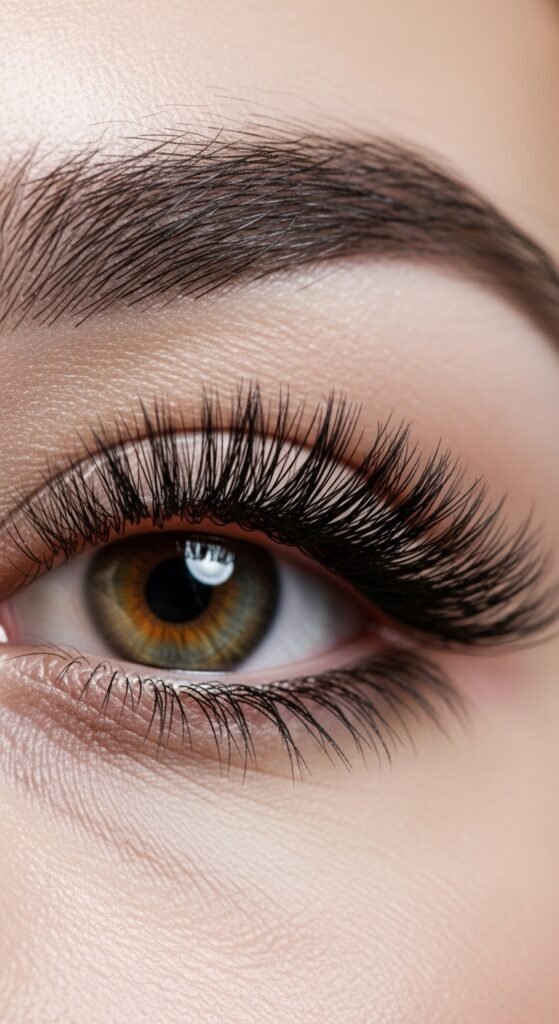 A stunning everyday makeup routine editorial featuring a beautiful woman with effortless natural beauty including glowing dewy skin, soft brows, subtle eye makeup, and flushed blush surrounded by essential makeup products on a white marble vanity, showcasing 18 everyday makeup routine ideas as the ultimate guide to achieving effortless beauty.