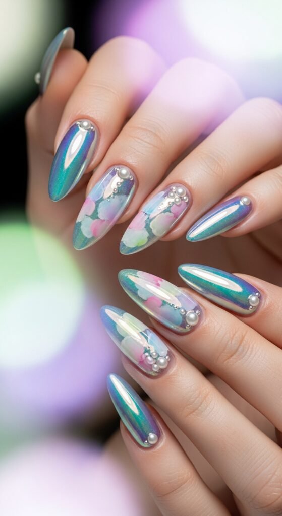 A breathtaking ethereal beauty editorial featuring a stunning woman with luminous glass skin, moonlit shimmer eyeshadow, feathery wispy lashes, softly stained lips, and iridescent hair surrounded by white flowers and crystals, showcasing 15 ethereal beauty ideas to transform your look into breathtaking dreamlike art.