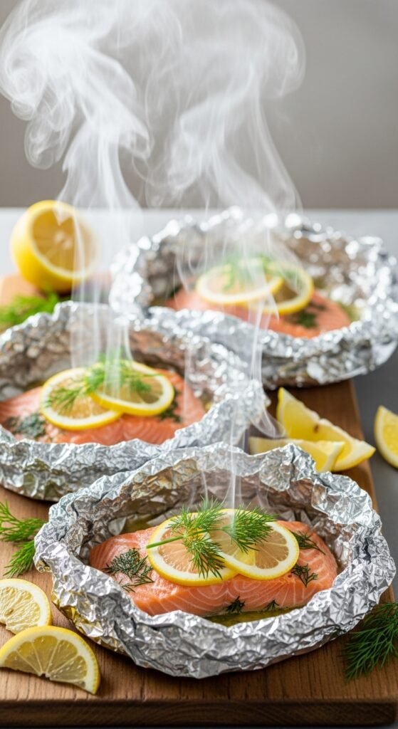  A breathtaking easy salmon recipes baked editorial featuring a stunning spread of golden baked salmon dishes including garlic butter, parmesan herb crusted, lemon pepper, and Mediterranean styles on a rustic wooden table with fresh lemon and dill, showcasing the ultimate guide to foolproof and flavorful easy baked salmon meals.