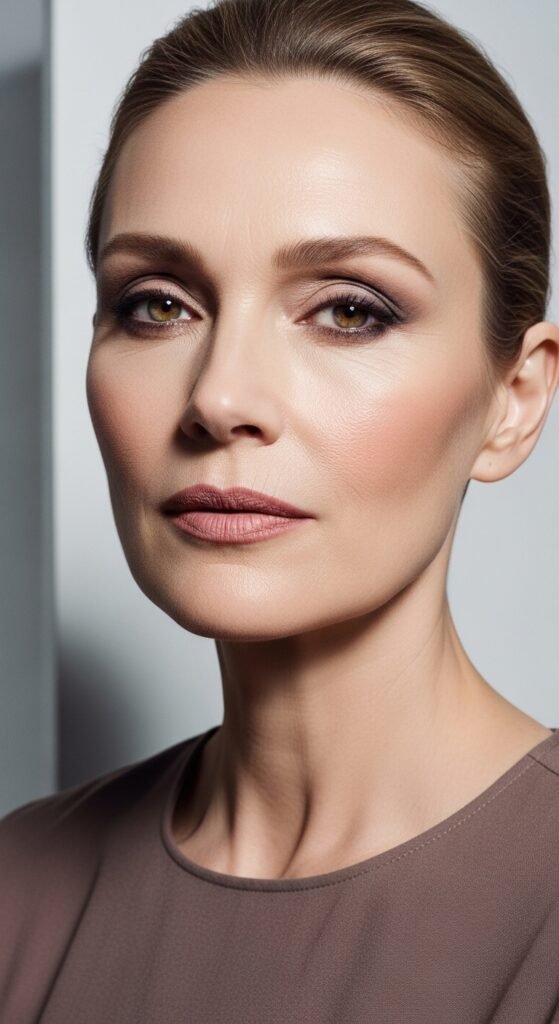 A stunning matte makeup editorial featuring a beautiful woman with a perfectly flawless velvety complexion, soft matte foundation, powdery blush, matte smokey eyes, and blurred matte lip surrounded by elegant matte beauty products, showcasing 15 matte makeup ideas for achieving a flawless and velvety complexion.