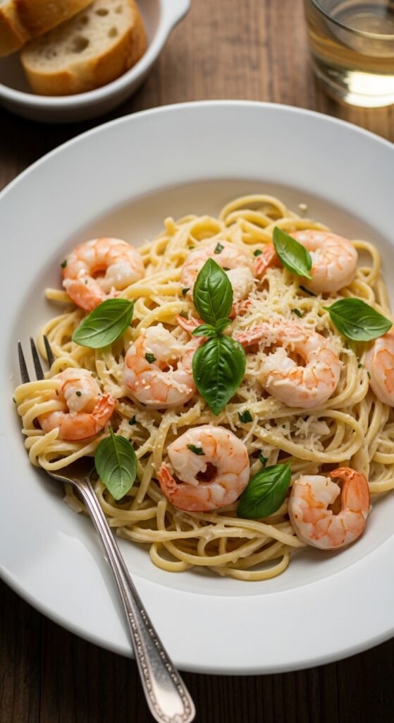 A breathtaking shrimp scampi pasta recipe editorial featuring a stunning bowl of perfectly cooked linguine with plump golden seared shrimp in a glossy white wine lemon garlic butter sauce with fresh parsley and lemon zest on a rustic Italian wooden table, showcasing the ultimate guide to mastering shrimp scampi pasta recipes at home.