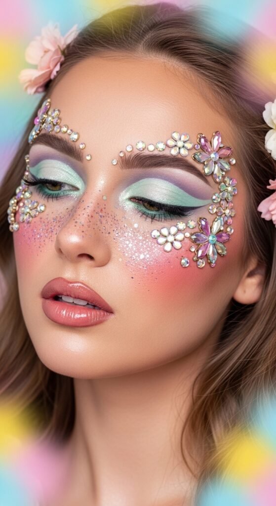 A stunning glamorous bimbocore makeup editorial featuring a beautiful woman with hyper-feminine Y2K inspired beauty including glossy pink lips, glitter eyeshadow, heavy blush, and dewy glowing skin, showcasing 15 bimbocore makeup ideas as the ultimate guide to mastering the hyper-feminine beauty trend.