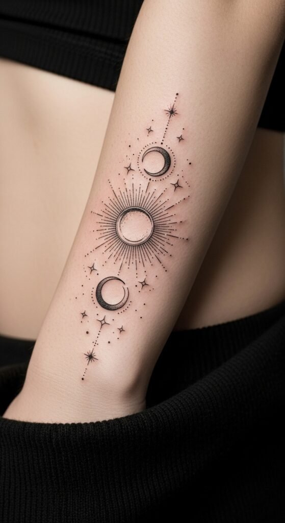 A stunning tattoo editorial featuring a beautiful woman showcasing multiple elegant feminine tattoos including delicate florals, minimalist constellations, botanical designs, and meaningful script on wrist, collarbone, and forearm placements, illustrating 18 tattoos for women ideas as the ultimate guide to finding the perfect ink.
