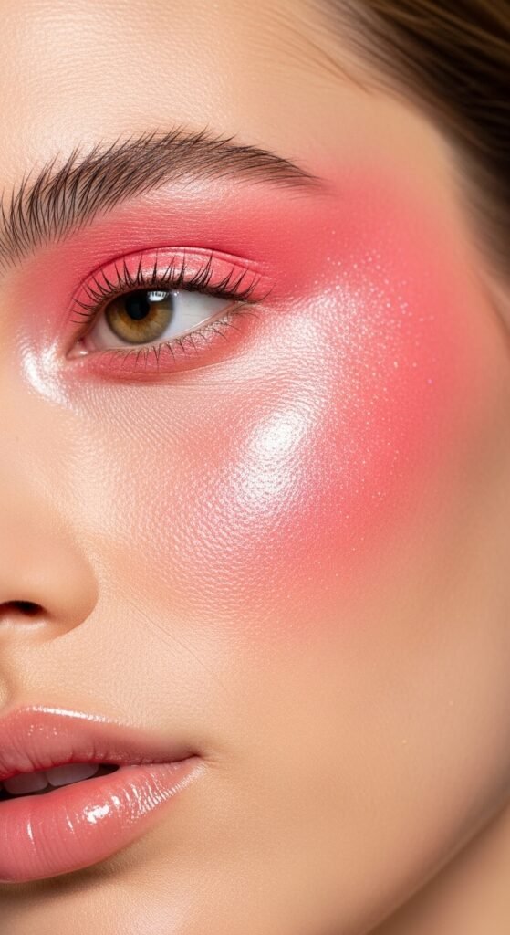 A stunning glamorous McBling makeup editorial featuring a beautiful woman with full Y2K inspired beauty including frosty eyeshadow, metallic foiled lids, glossy lips, shimmery blush, face gems, and chunky highlights, showcasing 18 McBling makeup ideas as a complete guide to mastering the most iconic Y2K makeup trends.