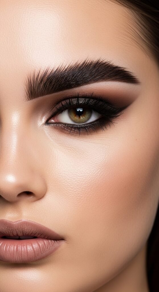 A stunning no mascara makeup editorial featuring a beautiful woman with flawless glowing skin, bold defined brows, colorful graphic liner, glossy lips, and radiant blush all achieved without mascara, showcasing 15 no mascara makeup ideas that prove bare lashes can be absolutely beautiful.