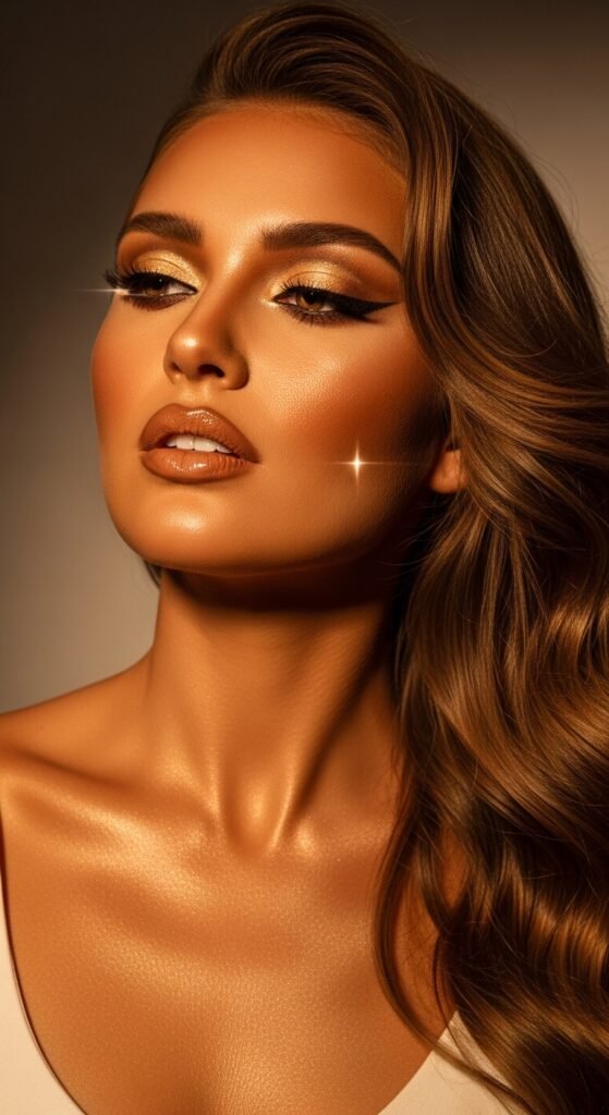 A breathtaking glamour makeup looks editorial featuring a stunning woman with dramatic smokey eyes, bold red lips, blinding highlighter, jewel-toned eyeshadow, and flawless skin surrounded by luxury makeup products, showcasing 17 glamour makeup looks ideas as the ultimate guide to achieving stunning and unforgettable beauty.