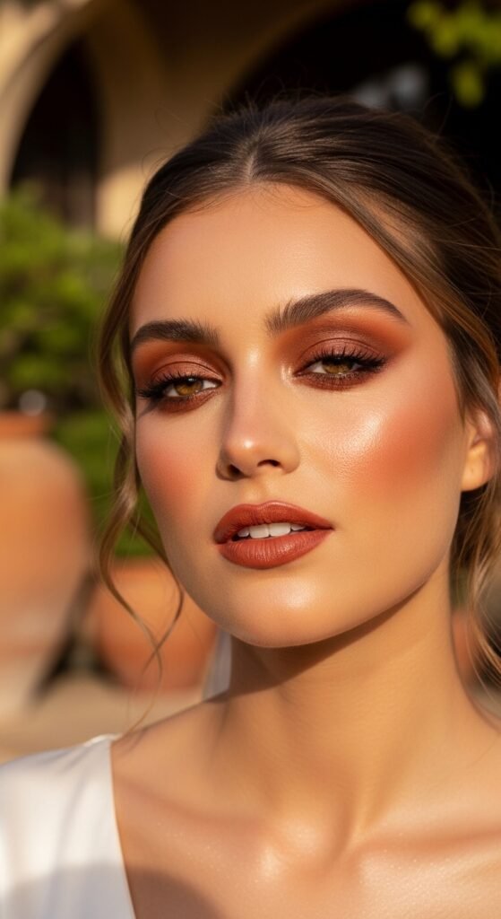 A breathtaking natural bridal makeup editorial featuring a beautiful bride with effortless glowing skin, soft dewy complexion, rosy blush, defined brows, and barely-there shimmer surrounded by elegant bridal beauty products and fresh white flowers, showcasing 16 natural bridal makeup ideas for 2026 as the ultimate guide to effortless bridal beauty.