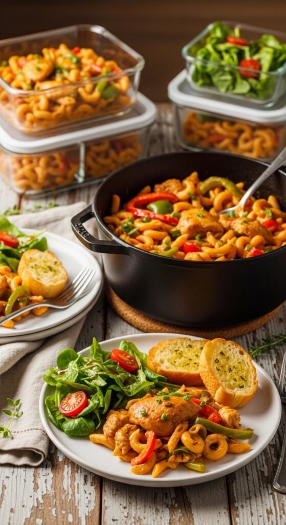A breathtaking one pot Cajun chicken pasta recipe editorial featuring a stunning cast iron skillet overflowing with creamy spicy pasta, golden seared Cajun chicken, colorful bell peppers, melted parmesan, and fresh parsley on a rustic wooden table, showcasing the ultimate guide to making this creamy spicy and unforgettable one pot Cajun chicken pasta recipe.
