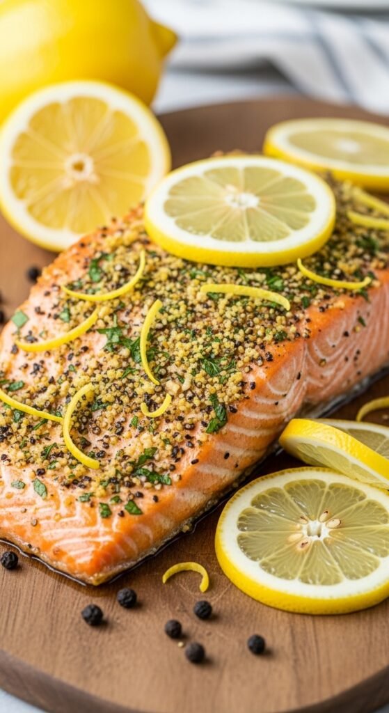  A breathtaking easy salmon recipes baked editorial featuring a stunning spread of golden baked salmon dishes including garlic butter, parmesan herb crusted, lemon pepper, and Mediterranean styles on a rustic wooden table with fresh lemon and dill, showcasing the ultimate guide to foolproof and flavorful easy baked salmon meals.