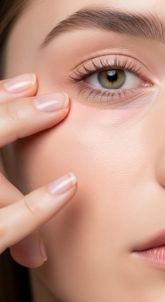 A breathtaking pale skin makeup editorial featuring a stunning fair-skinned woman with flawless porcelain complexion, soft rosy blush, ethereal highlight, subtle smokey eyes, and bold red lip surrounded by elegant makeup products on white marble, showcasing 20 pale skin makeup ideas as a complete guide to achieving flawless and radiant looks.