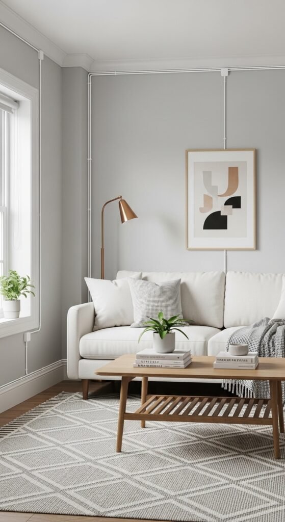 A beautifully designed and maximized small living room featuring multi-functional furniture, large mirrors, high curtains, vertical storage, and a neutral color palette, showcasing 20 small living room decor ideas to help you maximize space and create a stylish and functional home.