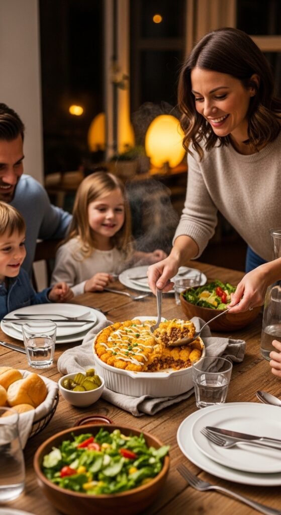 A breathtaking Big Mac tater tot casserole editorial featuring a golden bubbling casserole dish topped with crispy tater tots, melted cheddar cheese, fresh lettuce, diced tomatoes, pickles, and special sauce drizzle on a rustic wooden table, showcasing the ultimate guide to this irresistible comfort food mashup made in heaven.