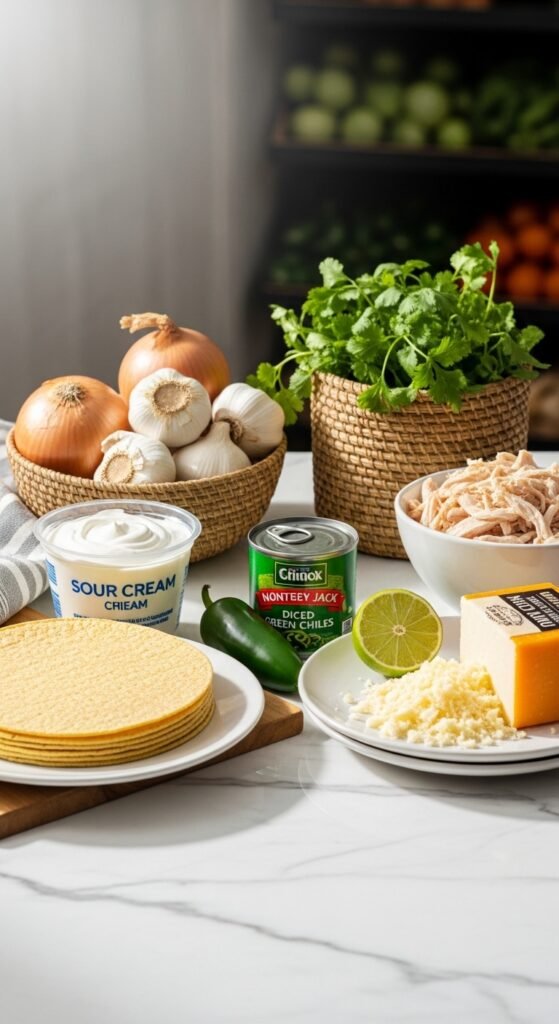 A breathtaking sour cream chicken enchilada recipe editorial featuring a stunning baking dish of golden baked enchiladas smothered in rich creamy white sauce, melted cheese, fresh cilantro, and jalapeños on a rustic wooden table, showcasing the ultimate guide to making the most delicious and authentic sour cream chicken enchilada recipe at home.