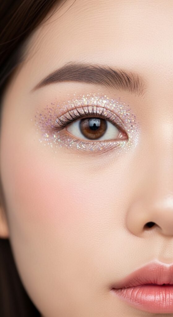 A breathtaking Korean makeup look editorial featuring a beautiful woman with flawless dewy glass skin, soft gradient lips, straight brows, puppy liner, and luminous K-beauty glow surrounded by elegant Korean beauty products, showcasing 20 Korean makeup look ideas as the ultimate guide to achieving the coveted K-beauty glow.