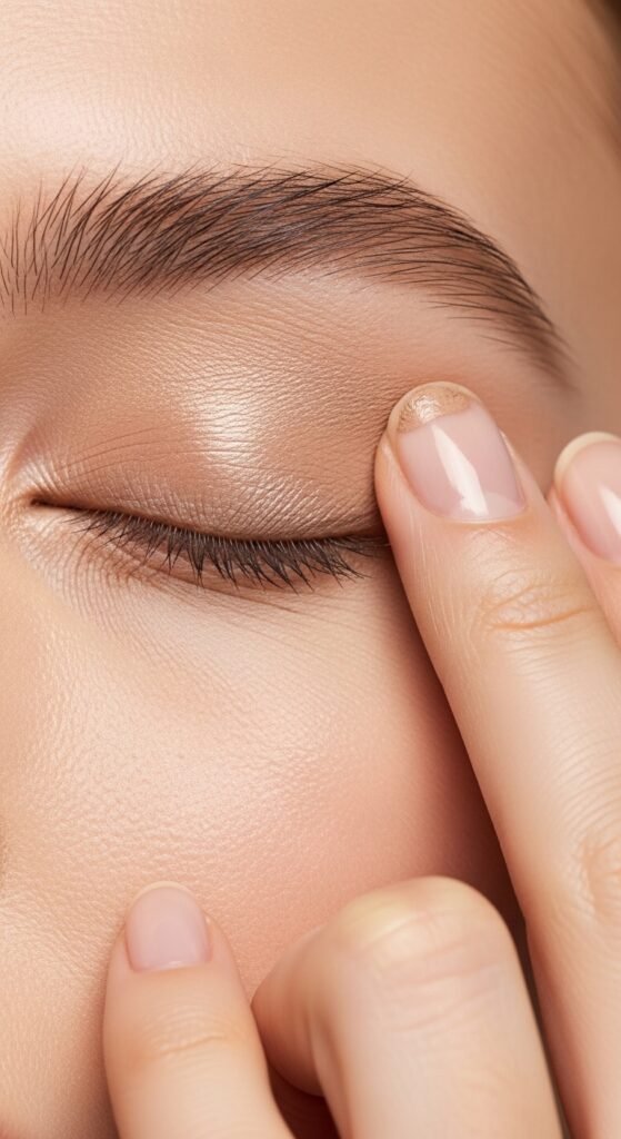 A breathtaking simple natural makeup editorial featuring a beautiful woman with effortlessly glowing dewy skin, groomed feathery brows, soft cream blush, bitten lip stain, and inner corner highlight surrounded by minimal beauty products on white marble, showcasing 20 simple makeup natural ideas as the ultimate guide to achieving effortless everyday beauty.