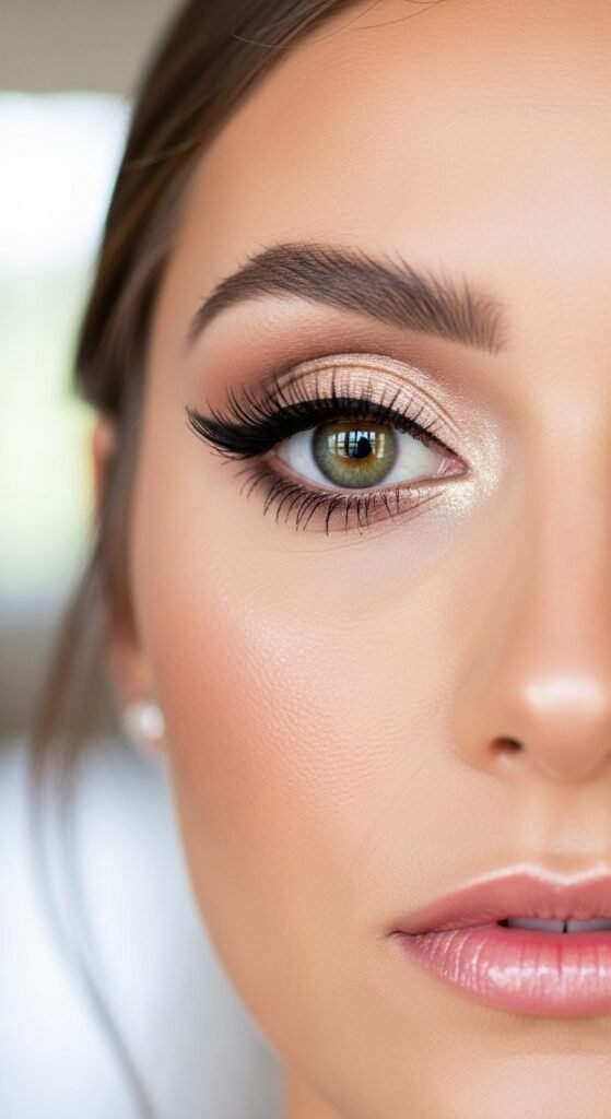 A breathtaking natural bridal makeup editorial featuring a beautiful bride with effortless glowing skin, soft dewy complexion, rosy blush, defined brows, and barely-there shimmer surrounded by elegant bridal beauty products and fresh white flowers, showcasing 16 natural bridal makeup ideas for 2026 as the ultimate guide to effortless bridal beauty.