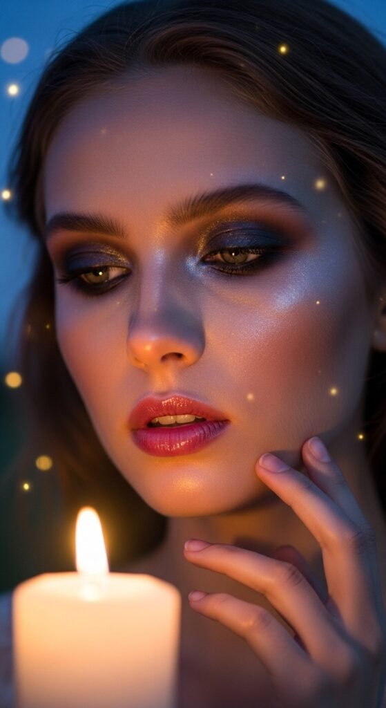 A breathtaking ethereal beauty editorial featuring a stunning woman with luminous glass skin, moonlit shimmer eyeshadow, feathery wispy lashes, softly stained lips, and iridescent hair surrounded by white flowers and crystals, showcasing 15 ethereal beauty ideas to transform your look into breathtaking dreamlike art.