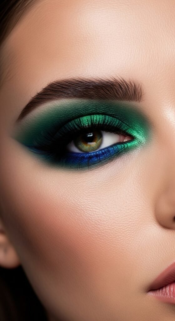 A breathtaking glamour makeup looks editorial featuring a stunning woman with dramatic smokey eyes, bold red lips, blinding highlighter, jewel-toned eyeshadow, and flawless skin surrounded by luxury makeup products, showcasing 17 glamour makeup looks ideas as the ultimate guide to achieving stunning and unforgettable beauty.