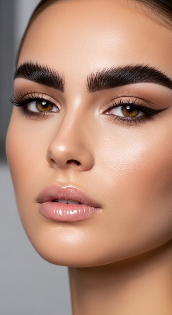 A breathtaking glam makeup look editorial featuring a stunning woman with dramatic smokey eyes, blinding highlighter, bold lips, graphic liner, and flawless skin surrounded by luxury makeup products on black marble, showcasing 15 glam makeup look ideas to elevate your beauty routine to the next level.