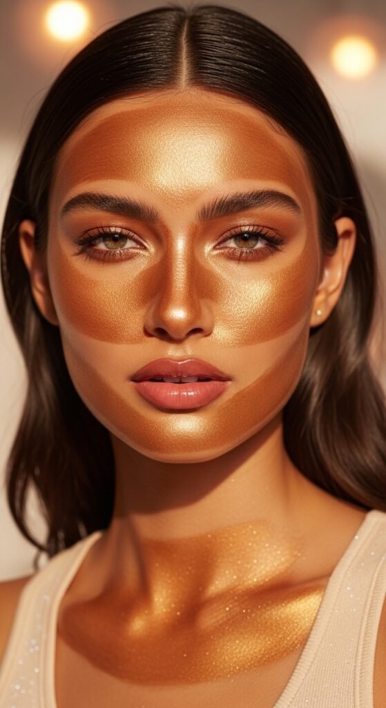 A stunning glamorous McBling makeup editorial featuring a beautiful woman with full Y2K inspired beauty including frosty eyeshadow, metallic foiled lids, glossy lips, shimmery blush, face gems, and chunky highlights, showcasing 18 McBling makeup ideas as a complete guide to mastering the most iconic Y2K makeup trends.