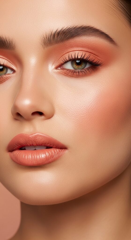 A stunning no mascara makeup editorial featuring a beautiful woman with flawless glowing skin, bold defined brows, colorful graphic liner, glossy lips, and radiant blush all achieved without mascara, showcasing 15 no mascara makeup ideas that prove bare lashes can be absolutely beautiful.
