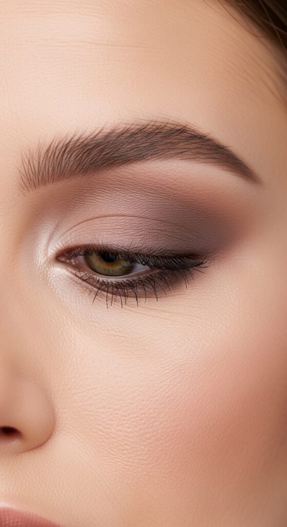 A stunning matte makeup editorial featuring a beautiful woman with a perfectly flawless velvety complexion, soft matte foundation, powdery blush, matte smokey eyes, and blurred matte lip surrounded by elegant matte beauty products, showcasing 15 matte makeup ideas for achieving a flawless and velvety complexion.