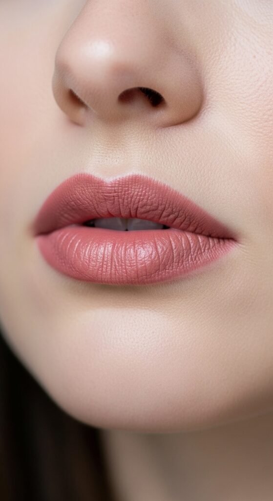 A breathtaking pale brunette makeup editorial featuring a beautiful fair-skinned brunette woman with flawless porcelain complexion, soft rosy blush, taupe smokey eyes, berry lips, and lavender highlighter surrounded by elegant makeup products, showcasing 20 pale brunette makeup ideas to help you embrace your unique beauty with confidence.