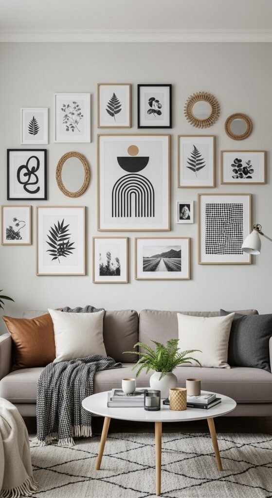 A beautifully designed and maximized small living room featuring multi-functional furniture, large mirrors, high curtains, vertical storage, and a neutral color palette, showcasing 20 small living room decor ideas to help you maximize space and create a stylish and functional home.