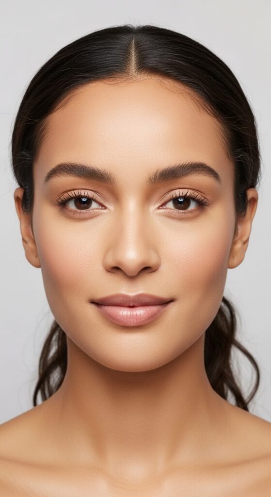 A stunning matte makeup editorial featuring a beautiful woman with a perfectly flawless velvety complexion, soft matte foundation, powdery blush, matte smokey eyes, and blurred matte lip surrounded by elegant matte beauty products, showcasing 15 matte makeup ideas for achieving a flawless and velvety complexion.