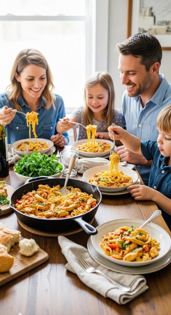 A breathtaking one pot Cajun chicken pasta recipe editorial featuring a stunning cast iron skillet overflowing with creamy spicy pasta, golden seared Cajun chicken, colorful bell peppers, melted parmesan, and fresh parsley on a rustic wooden table, showcasing the ultimate guide to making this creamy spicy and unforgettable one pot Cajun chicken pasta recipe.