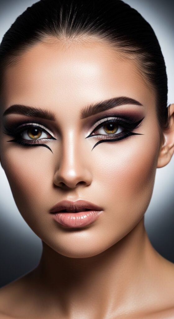 A breathtaking glamour makeup looks editorial featuring a stunning woman with dramatic smokey eyes, bold red lips, blinding highlighter, jewel-toned eyeshadow, and flawless skin surrounded by luxury makeup products, showcasing 17 glamour makeup looks ideas as the ultimate guide to achieving stunning and unforgettable beauty.