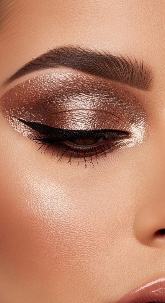 A breathtaking glam makeup look editorial featuring a stunning woman with dramatic smokey eyes, blinding highlighter, bold lips, graphic liner, and flawless skin surrounded by luxury makeup products on black marble, showcasing 15 glam makeup look ideas to elevate your beauty routine to the next level.