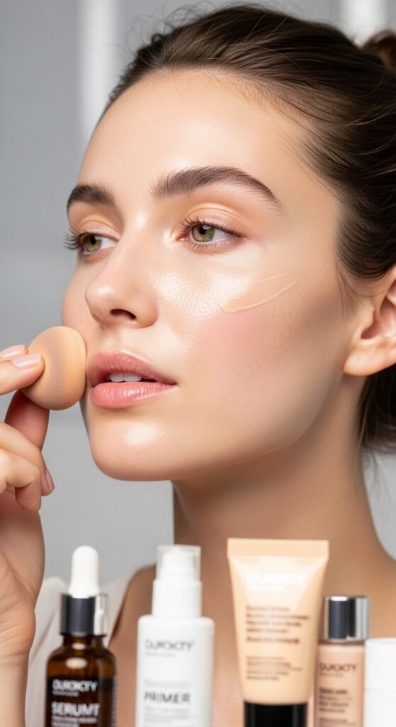 A stunning everyday makeup routine editorial featuring a beautiful woman with effortless natural beauty including glowing dewy skin, soft brows, subtle eye makeup, and flushed blush surrounded by essential makeup products on a white marble vanity, showcasing 18 everyday makeup routine ideas as the ultimate guide to achieving effortless beauty.