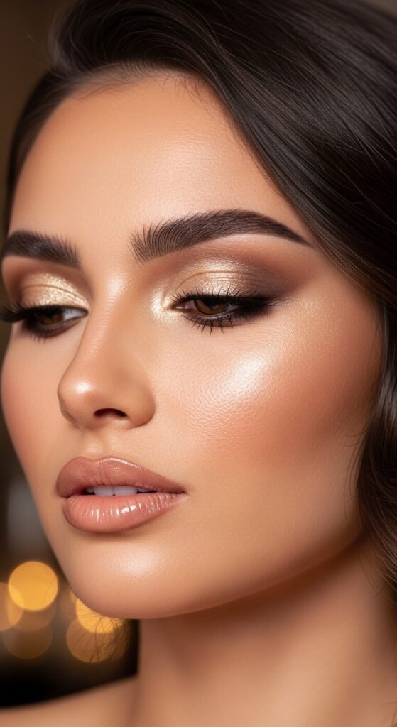 A stunning no mascara makeup editorial featuring a beautiful woman with flawless glowing skin, bold defined brows, colorful graphic liner, glossy lips, and radiant blush all achieved without mascara, showcasing 15 no mascara makeup ideas that prove bare lashes can be absolutely beautiful.