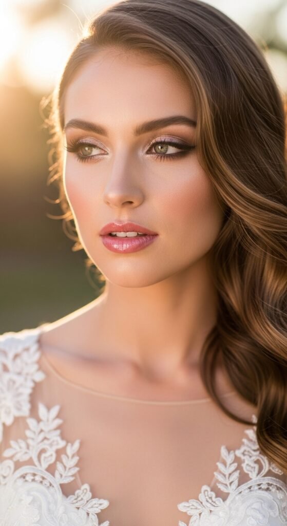 A breathtaking natural bridal makeup editorial featuring a beautiful bride with effortless glowing skin, soft dewy complexion, rosy blush, defined brows, and barely-there shimmer surrounded by elegant bridal beauty products and fresh white flowers, showcasing 16 natural bridal makeup ideas for 2026 as the ultimate guide to effortless bridal beauty.