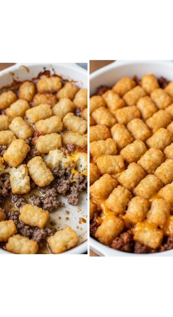 A breathtaking Big Mac tater tot casserole editorial featuring a golden bubbling casserole dish topped with crispy tater tots, melted cheddar cheese, fresh lettuce, diced tomatoes, pickles, and special sauce drizzle on a rustic wooden table, showcasing the ultimate guide to this irresistible comfort food mashup made in heaven.
