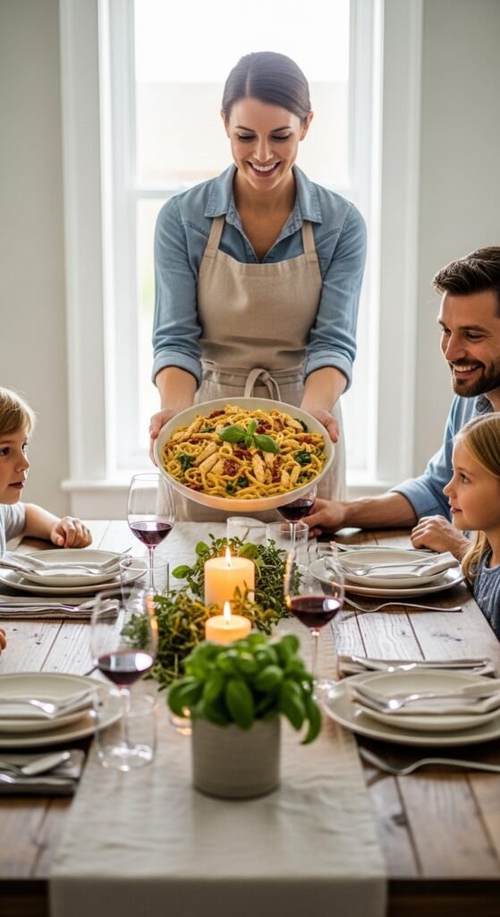 A breathtaking creamy Tuscan chicken pasta recipe editorial featuring a stunning bowl of golden pan-seared chicken over fettuccine in a rich velvety cream sauce with sun-dried tomatoes, wilted spinach, and freshly grated parmesan on a rustic Italian wooden table, showcasing the ultimate guide to making this comforting and irresistible creamy Tuscan chicken pasta recipe.