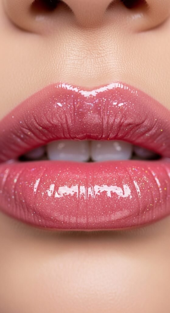 A stunning glamorous McBling makeup editorial featuring a beautiful woman with full Y2K inspired beauty including frosty eyeshadow, metallic foiled lids, glossy lips, shimmery blush, face gems, and chunky highlights, showcasing 18 McBling makeup ideas as a complete guide to mastering the most iconic Y2K makeup trends.